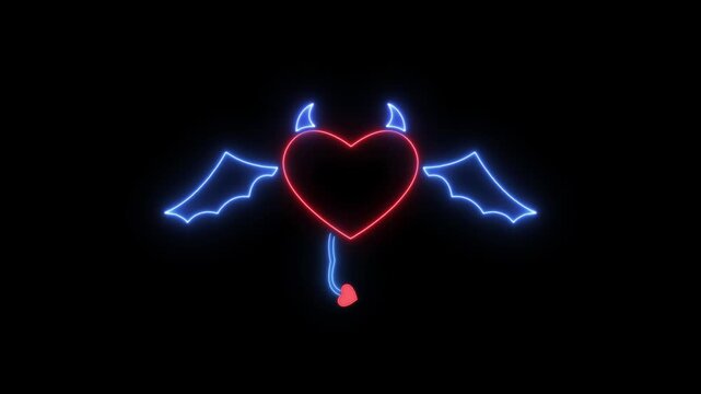 Neon devil heart .Angel's and daemon's hearts with wings . evil heart neon emotive shines brightly in a dark setting black background .