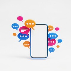 Modern smartphone displaying blank screen surrounded by colorful speech bubbles for chat communication concept