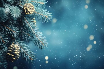 Close-up of fir branch with golden cones in frost on blue background with sparkling highlights. Elegant winter composition for festive design. Copy space