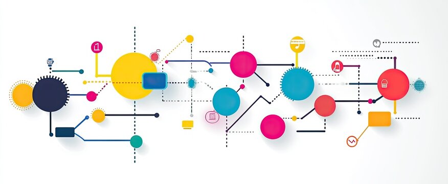 Colorful Abstract Network: Interconnected Circles, Lines, and Icons on White Background
