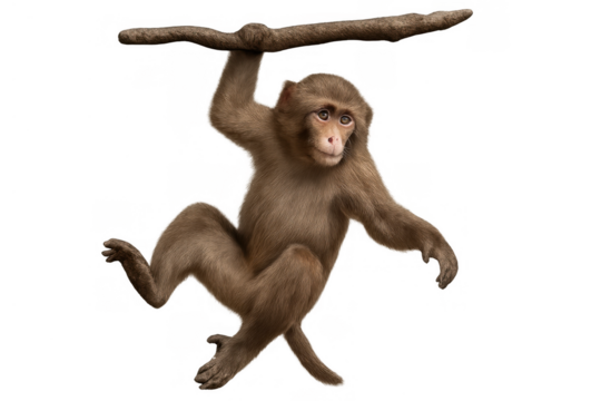 Rhesus macaque monkey hanging on wooden branch, primate animal isolated with transparent background