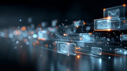 Digital email icons floating in a futuristic space, symbolizing modern digital communication and data transfer technology.