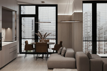 A spacious living room with panoramic windows, contemporary furniture, and neutral tones.