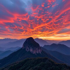 Dahong Mountain peaks stand against a colorful sunset sky in Suizhou, China.