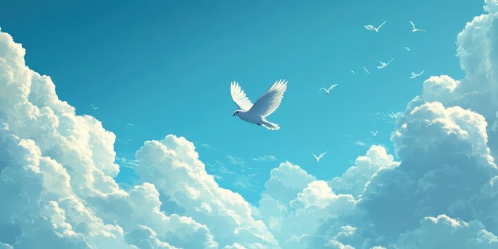 Peaceful dove soaring amidst fluffy clouds in a clear sky.