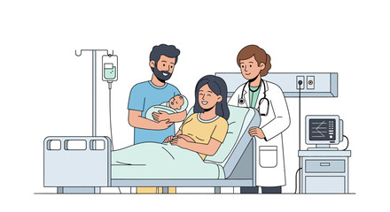 Illustration of a happy family with a newborn baby and a doctor in a hospital room with medical equipment.