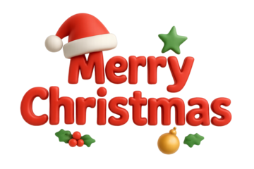Festive holiday greeting with Santa hat and ornaments isolated on a transparent background