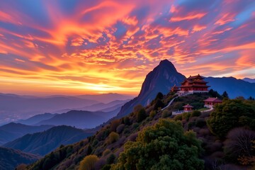 Dahong Mountain structures stand tall against the colorful sunset sky above Suizhou, China.