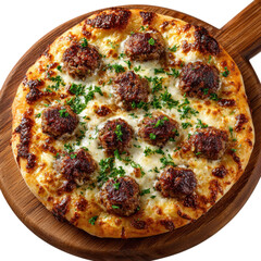 Overhead view showing fresh meatball pizza with parsley on a wooden serving board in restaurant