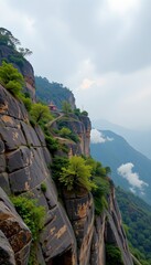 Enshi City, China, cliffs show rugged textures with green trees growing against a cloudy sky.