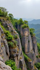 Enshi City, China, cliffs show rugged textures with green trees growing against a cloudy sky.
