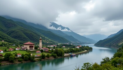 Enshi City, China shows misty mountains and a calm river with scattered houses on green slopes under a cloudy sky.