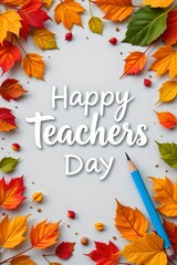 Happy teachers day text surrounded by colorful autumn leaves and a blue pencil, celebrating educators and the fall season isolated on transparent background.