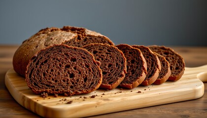 A loaf of dark rye bread, sliced and arranged on a wooden cutting board, studio shot.