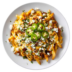 Freshly launched loaded fries with cheese and jalapeno on white plate isolated on transparent background