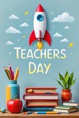 World teachers day celebrated with school supplies, books, and a rocket, isolated on transparent background.