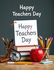 Happy teachers day message with a stack of books, an apple, a magnifying glass, and art supplies, isolated on transparent background.