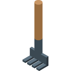 Isometric illustration of a garden rake tool with a brown wooden handle and grey metal tines on a transparent background