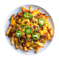 Freshly launched loaded fries with cheese and jalapeno on white plate isolated on transparent background