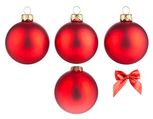 Four red Christmas ornaments and a red bow isolated on a transparent background red ornaments