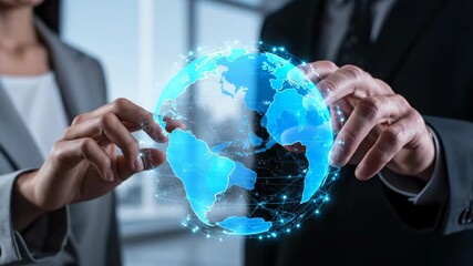 Global network concept with business people holding digital globe hologram. This global network concept signifies global collaboration, connectivity, and worldwide communication. - Powered by Adobe