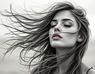 The wind blows the hair of a woman with her eyes closed.