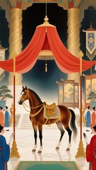 Fototapeta premium Radiant horse under red silk canopy in imperial court