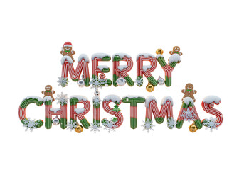 Merry Christmas festive lettering with snow and ornaments isolated on a transparent background