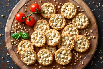 Round sesame crackers arranged on a wooden board with cherry tomatoes and scattered buckwheat grains, top view.