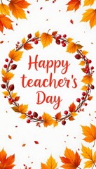 Happy teachers day message surrounded by autumn leaves and berries in a circular wreath isolated on transparent background.