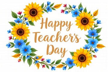 Happy teachers day floral wreath with sunflowers and blue flowers isolated on transparent background.