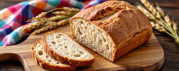 A rustic loaf of artisan bread, sliced and presented on a wooden board next to a colorful checkered cloth and wheat stalks.