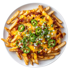 Freshly launched loaded fries with cheese and jalapeno on white plate isolated on transparent background