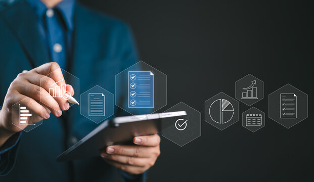 Accountant showing office document auditing concept, plan review process and assess correctness, Management of important document storage of organization, document system, accountant Audit document