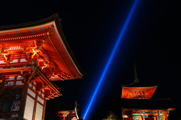 Scenic sight in Kiyomizu-dera Temple at night during fall season. Kyoto, Japan.