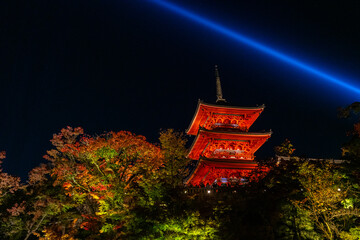 Scenic sight in Kiyomizu-dera Temple at night during fall season. Kyoto, Japan.