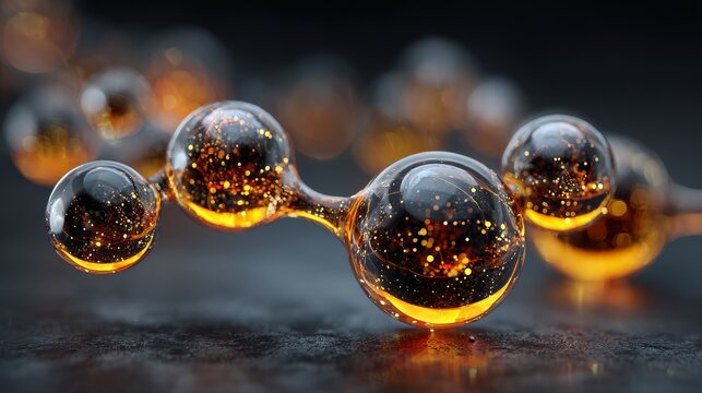 Futuristic molecular structure with glowing glass spheres connected by sleek rods floating in dark space, warm golden light illuminating particles, surreal cinematic artistic composition.