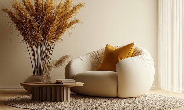 Experience the elegance of room design through a detailed 3D rendering showcasing an inviting armchair and stylish coffee table.