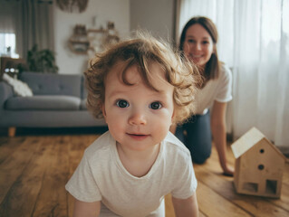 Baby crawling on the floor with mother 