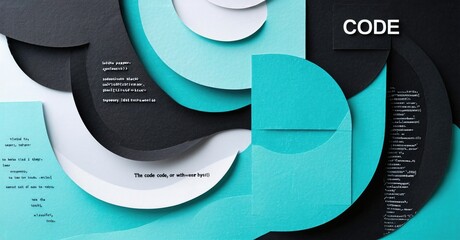 Abstract paper layers display code snippets. Teal, black, white colors dominate composition. Text visible, suggesting programming concepts.