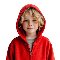 Front young boy wearing a red hoodie isolated on transparent background