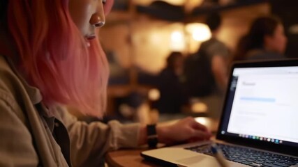 Person with pink hair typing on laptop at cafe, people blurred in background; for creative or marketing use - Powered by Adobe