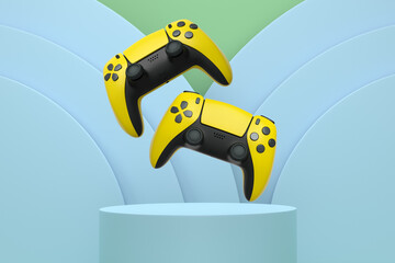 Colorful gaming controllers joystick levitating over podium against abstract background, minimalist concept device on pedestal