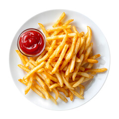 Full of french fries with ketchup on white plate isolated on transparent background