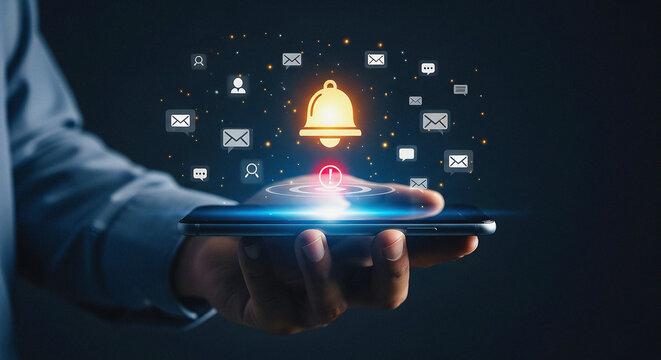 Hand Holding Smartphone with Glowing Notification Bell and Floating Digital Icons for Social Media and Email Alert System