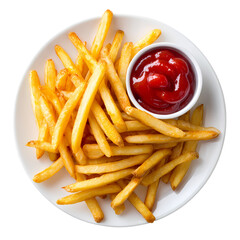 Full of french fries with ketchup on white plate isolated on transparent background