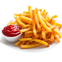 Full of french fries with ketchup on white plate isolated on transparent background