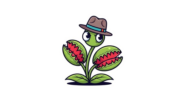 Quirky Cartoon Venus Flytrap Character Wearing a Fedora Illustration