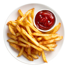 Full of french fries with ketchup on white plate isolated on transparent background