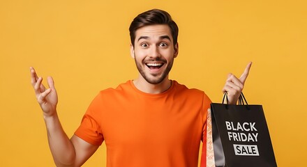 A man joyfully holding shopping bags during a Black Friday sale event.